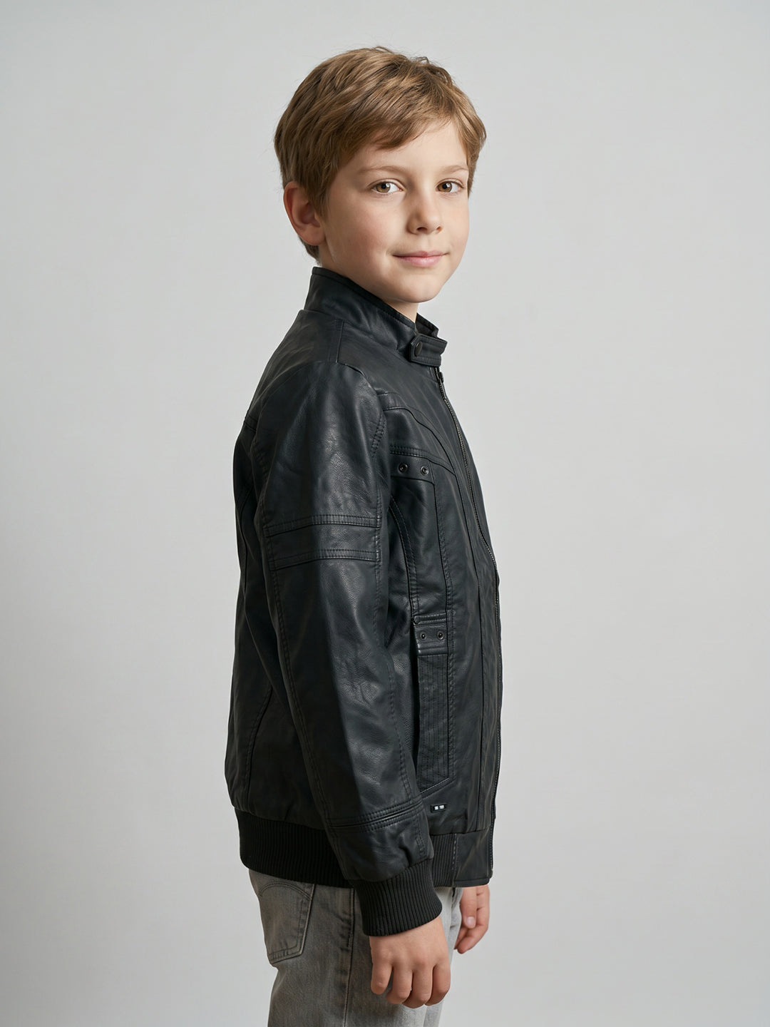 Boys Black Solid Stand Collar Full Sleeve Leather Jacket