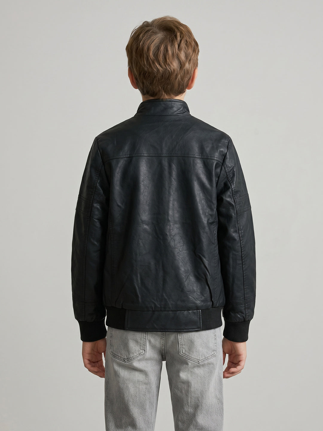 Boys Black Solid Stand Collar Full Sleeve Leather Jacket