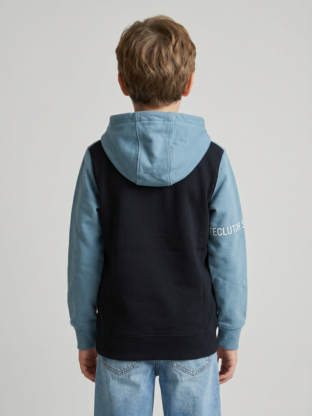 Boys Navy Blue Printed Hooded Full Sleeve Sweatshirt