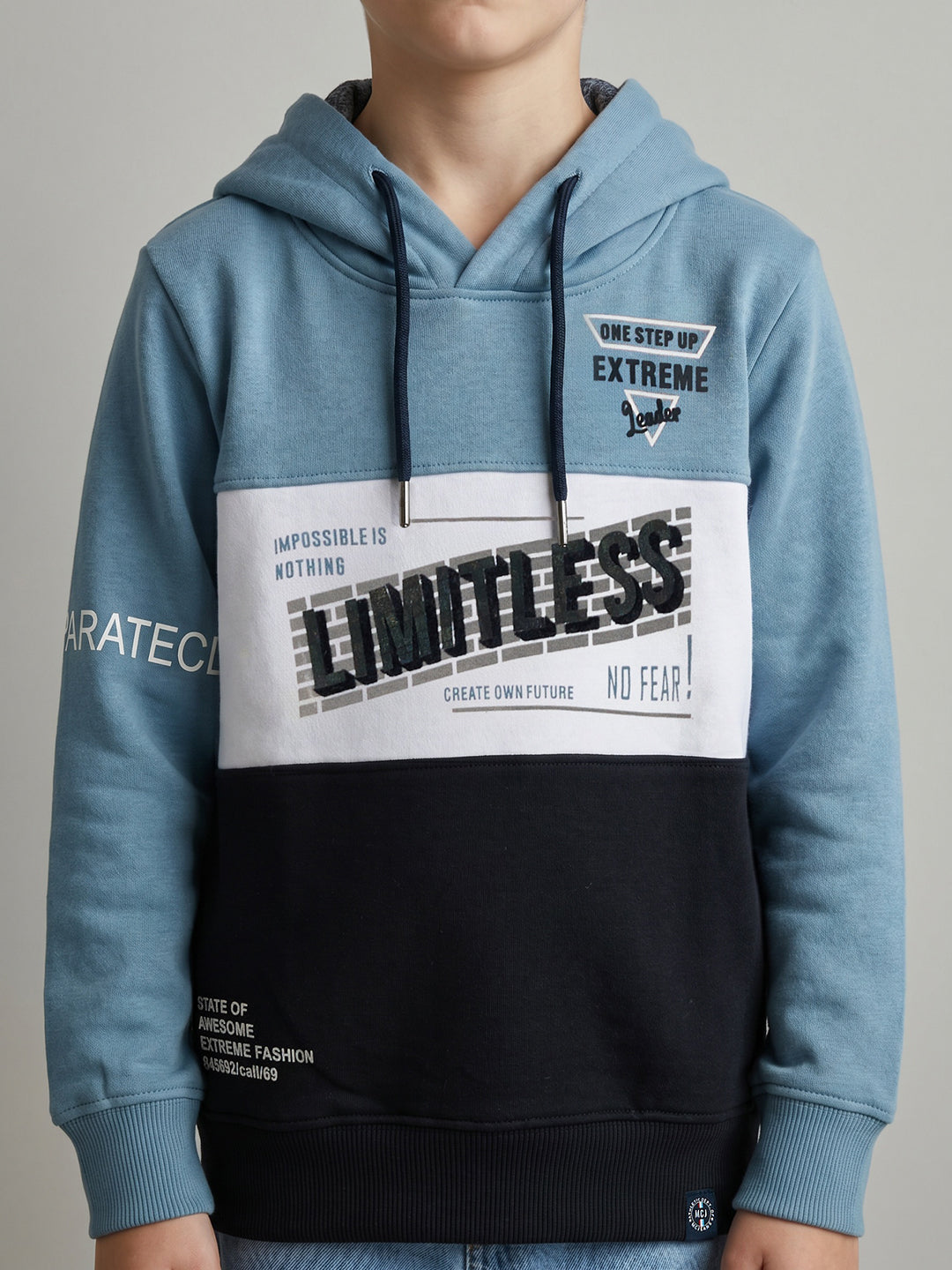 Boys Navy Blue Printed Hooded Full Sleeve Sweatshirt