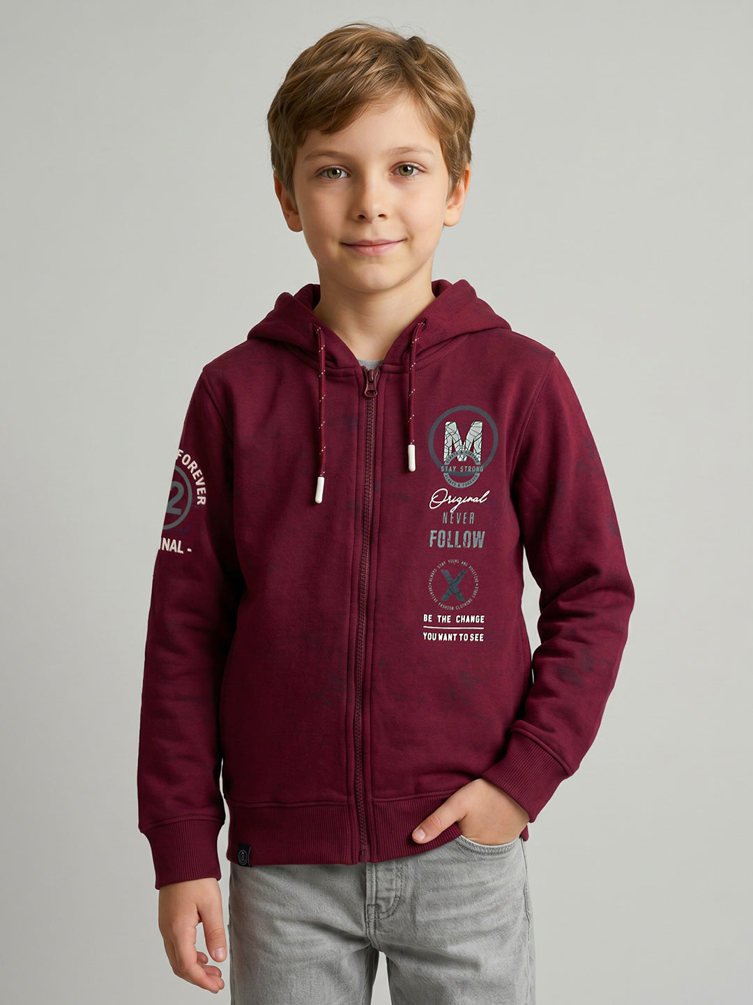 Boys Maroon Printed Hooded Full Sleeve Sweatshirt