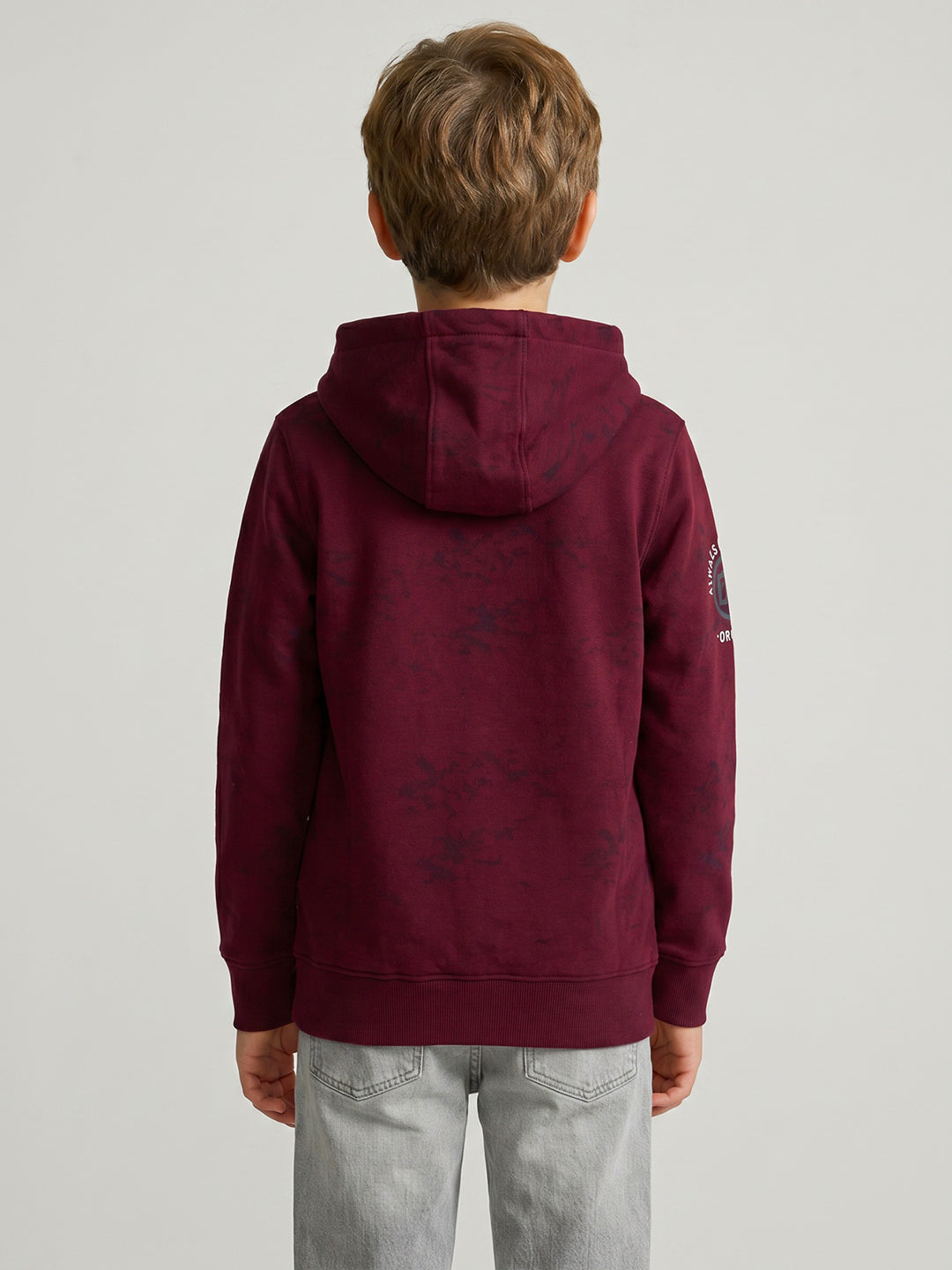 Boys Maroon Printed Hooded Full Sleeve Sweatshirt