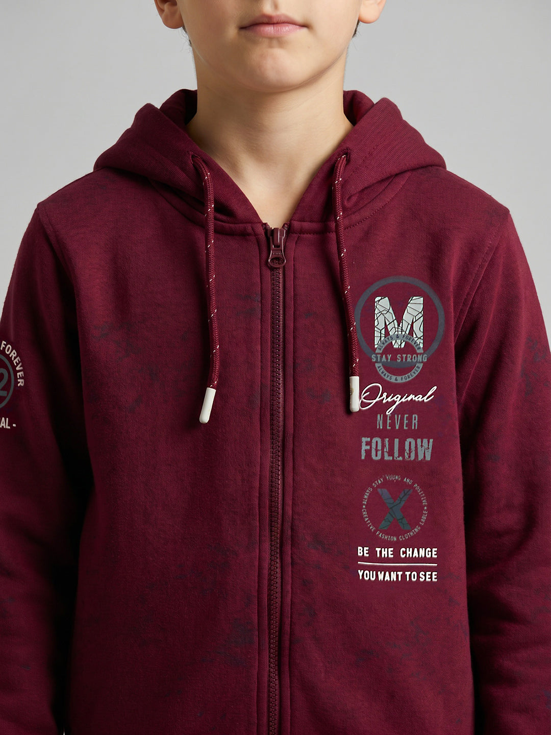 Boys Maroon Printed Hooded Full Sleeve Sweatshirt