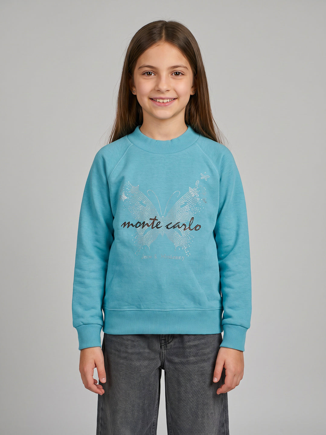 Girls Sky Blue Self Design Round Neck Full Sleeve Sweatshirt