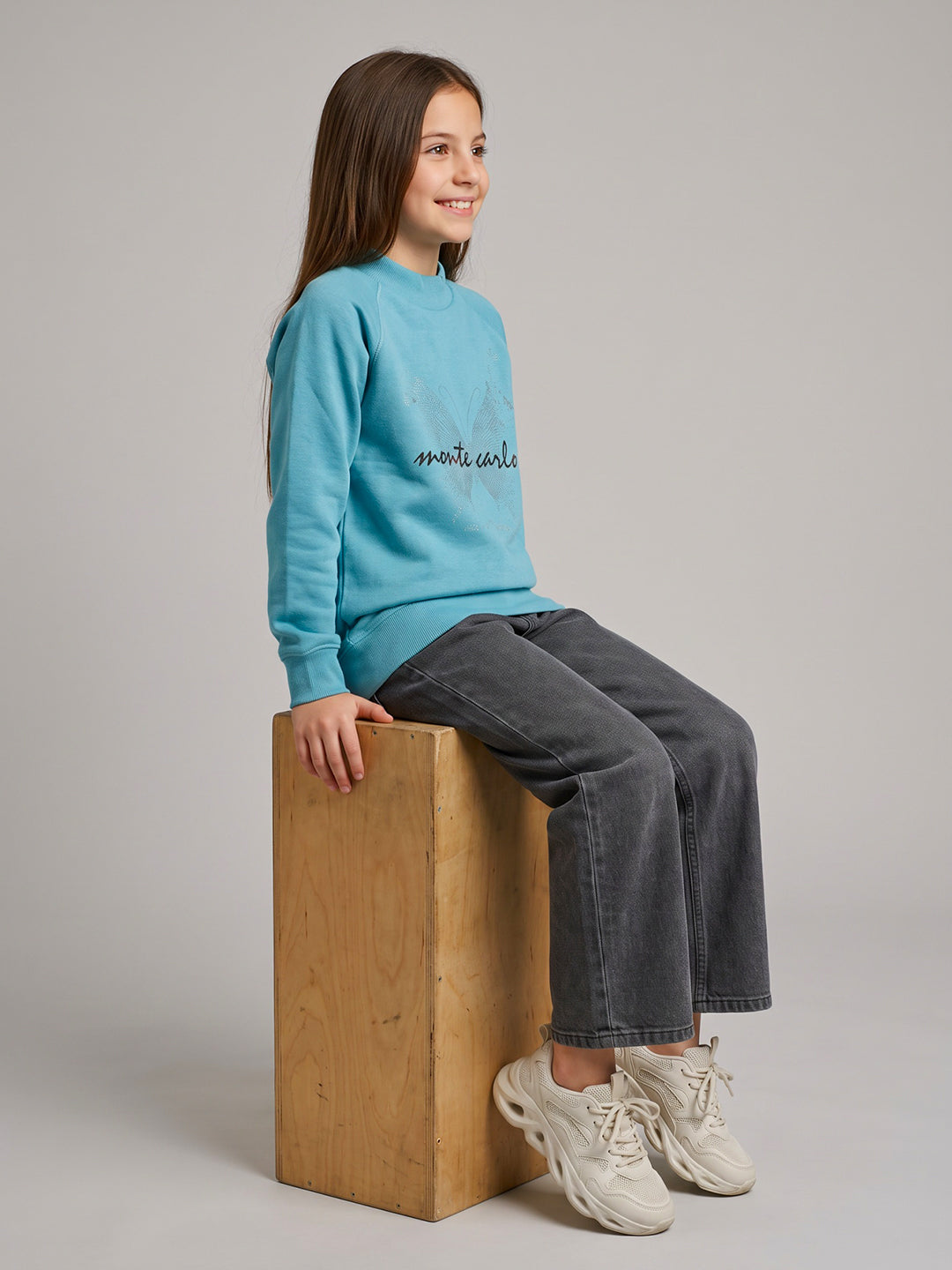 Girls Sky Blue Self Design Round Neck Full Sleeve Sweatshirt