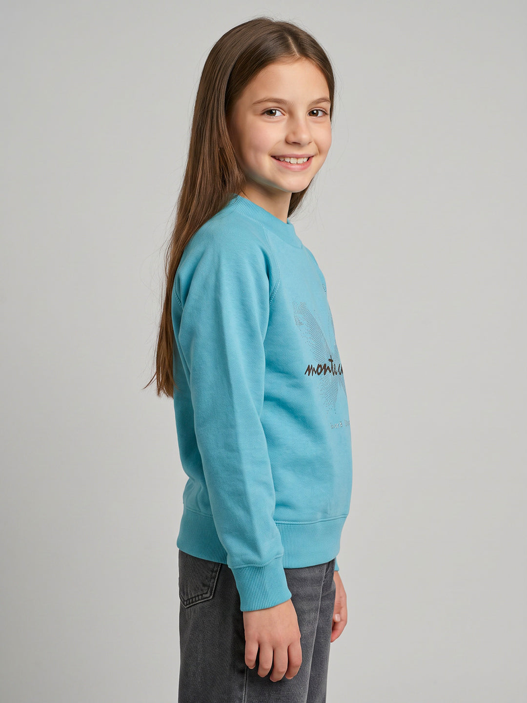 Girls Sky Blue Self Design Round Neck Full Sleeve Sweatshirt