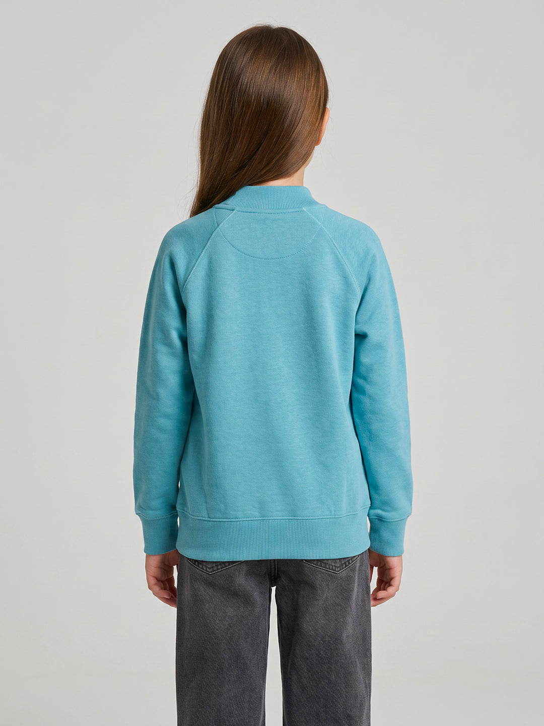 Girls Sky Blue Self Design Round Neck Full Sleeve Sweatshirt