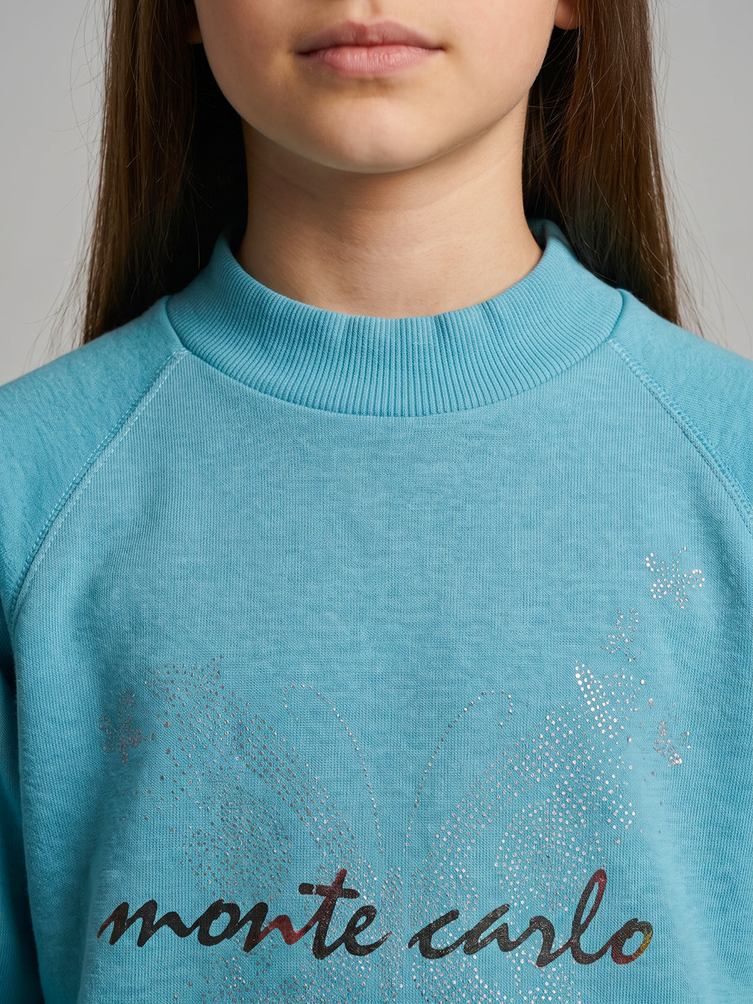 Girls Sky Blue Self Design Round Neck Full Sleeve Sweatshirt
