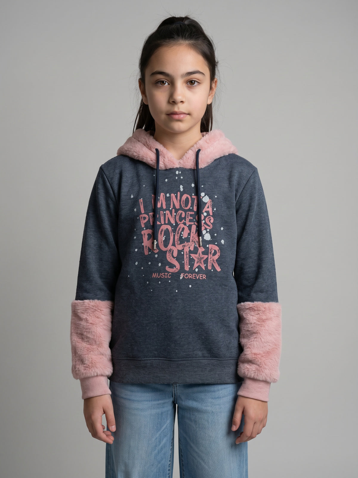 Girls Grey Printed Hooded Full Sleeve Sweatshirt