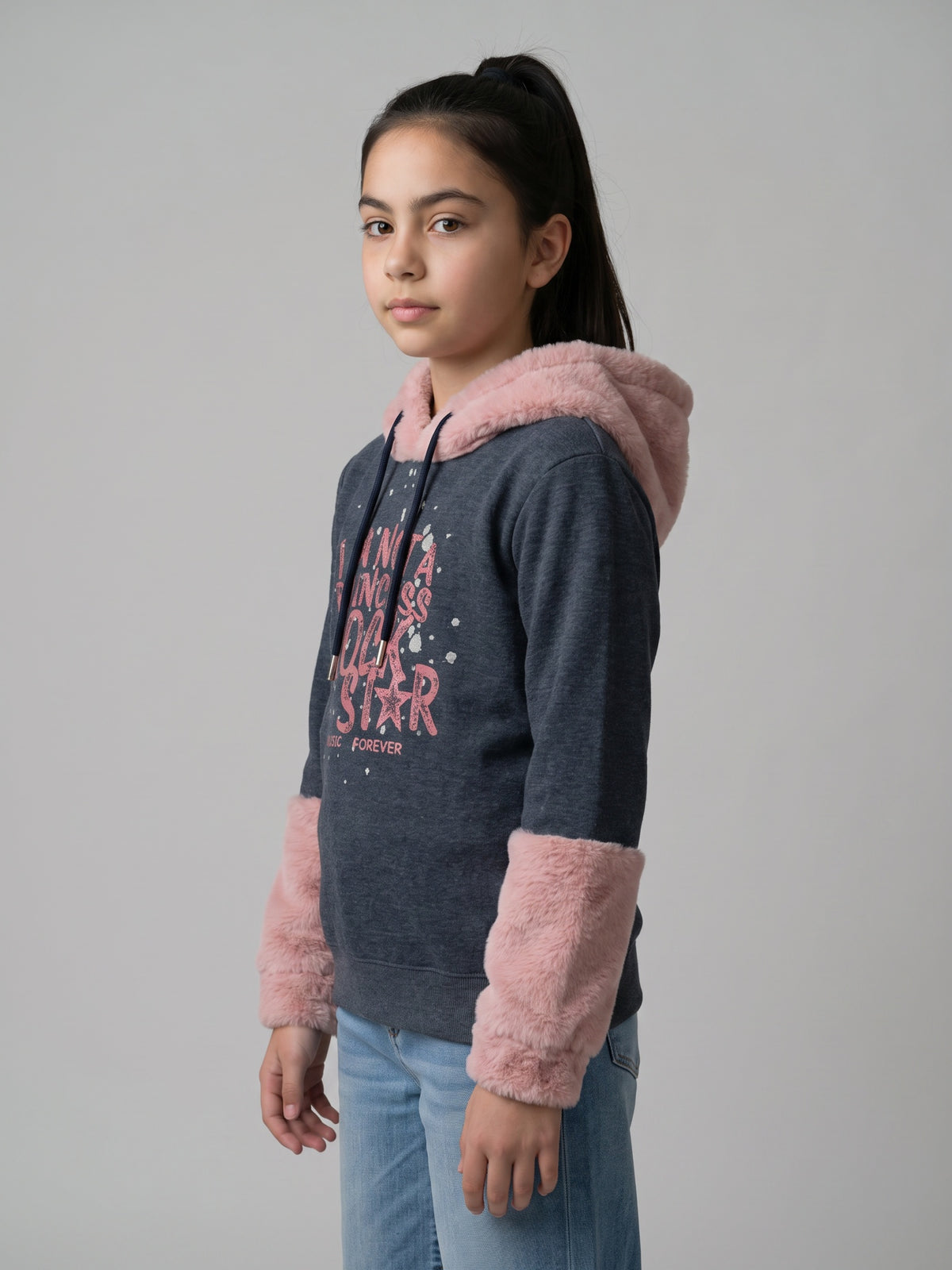 Girls Grey Printed Hooded Full Sleeve Sweatshirt
