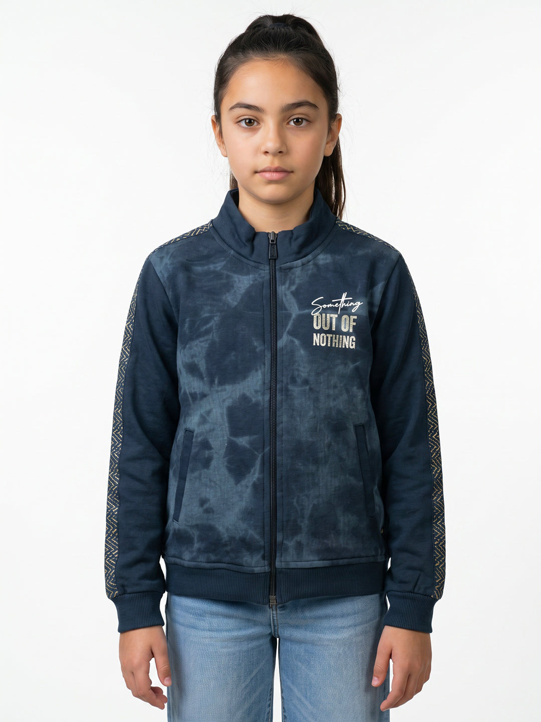 Girls Navy Blue Printed Turtle Neck Full Sleeve Sweatshirt