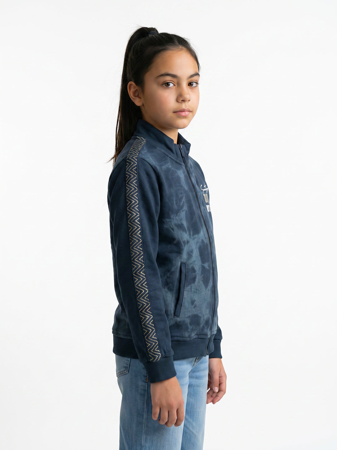 Girls Navy Blue Printed Turtle Neck Full Sleeve Sweatshirt