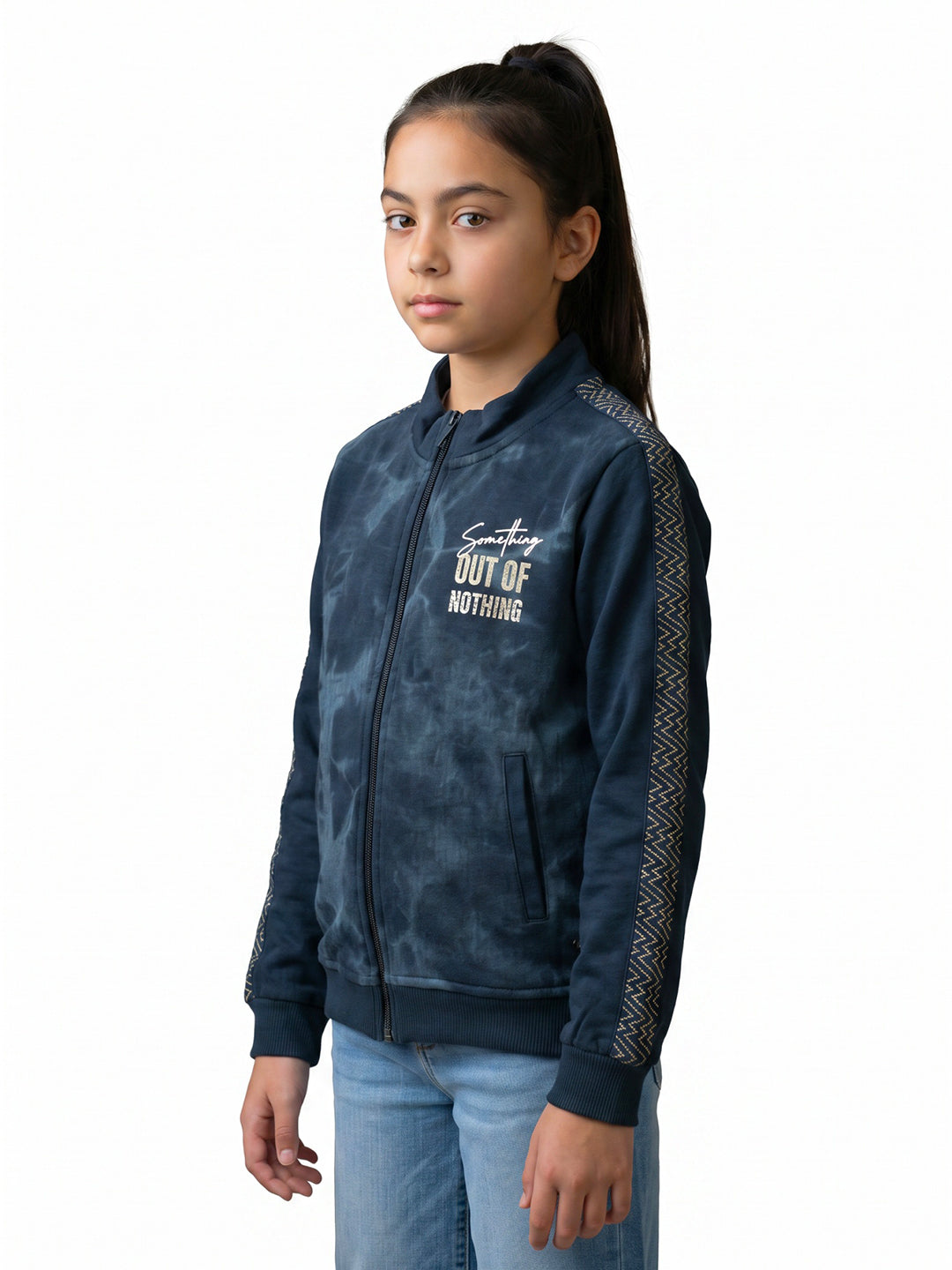 Girls Navy Blue Printed Turtle Neck Full Sleeve Sweatshirt