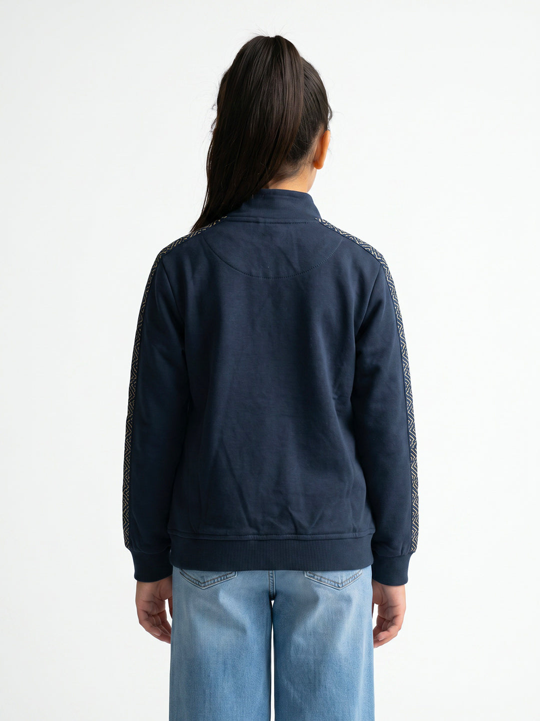 Girls Navy Blue Printed Turtle Neck Full Sleeve Sweatshirt