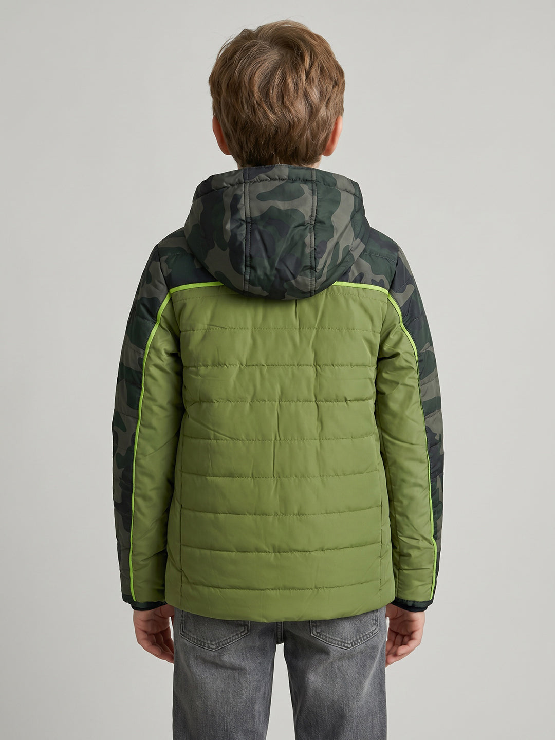 Boys Green Camouflage Detachable Hood Full Sleeve Puffer Jacket