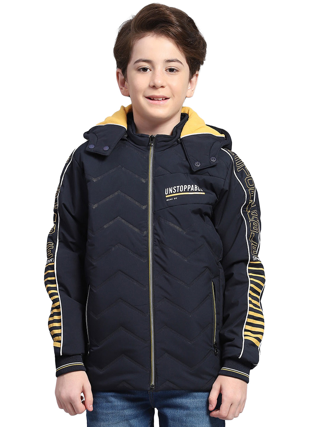 Boys Navy Blue Solid Hooded Full Sleeve Jacket