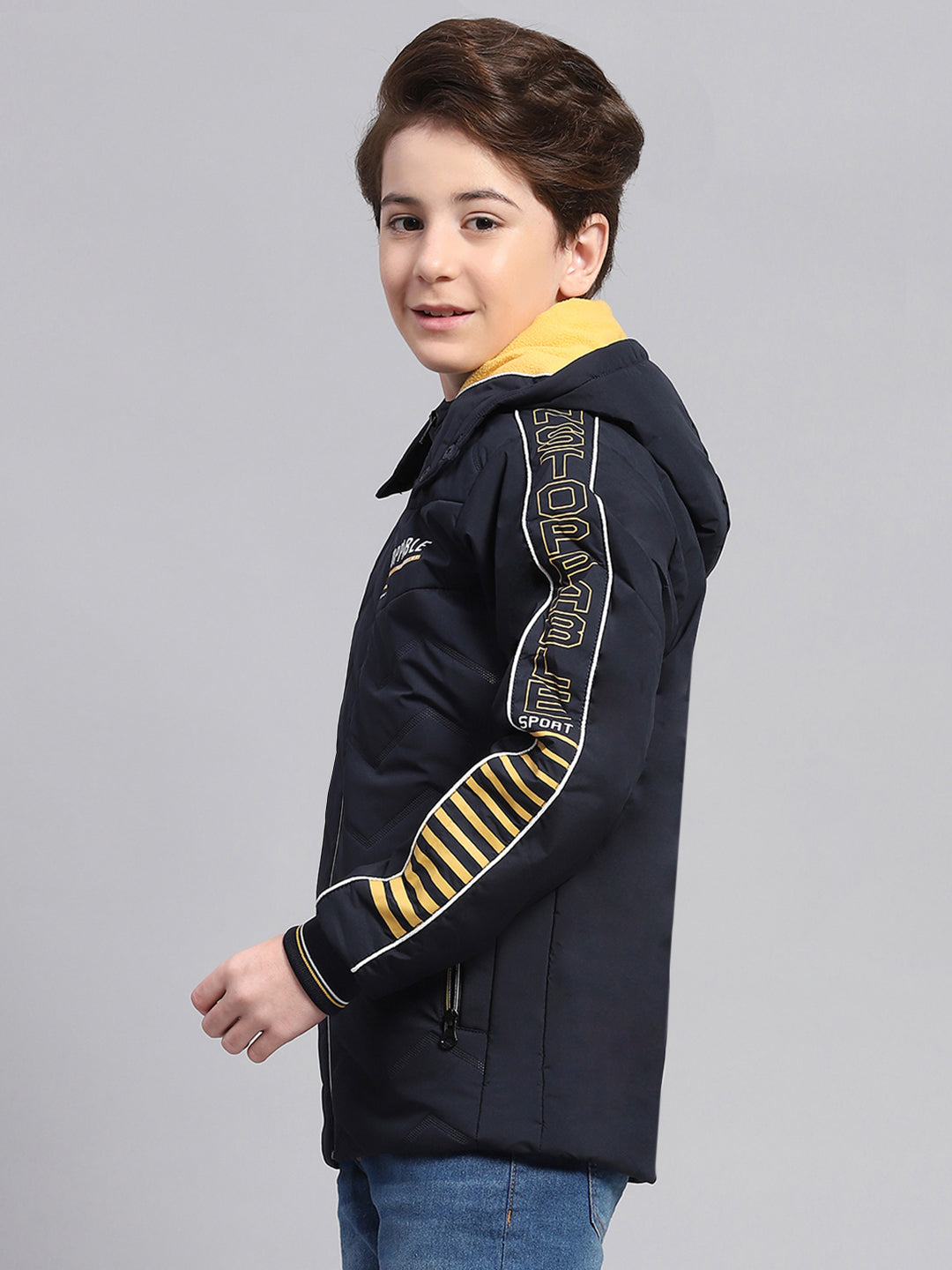 Boys Navy Blue Solid Hooded Full Sleeve Jacket