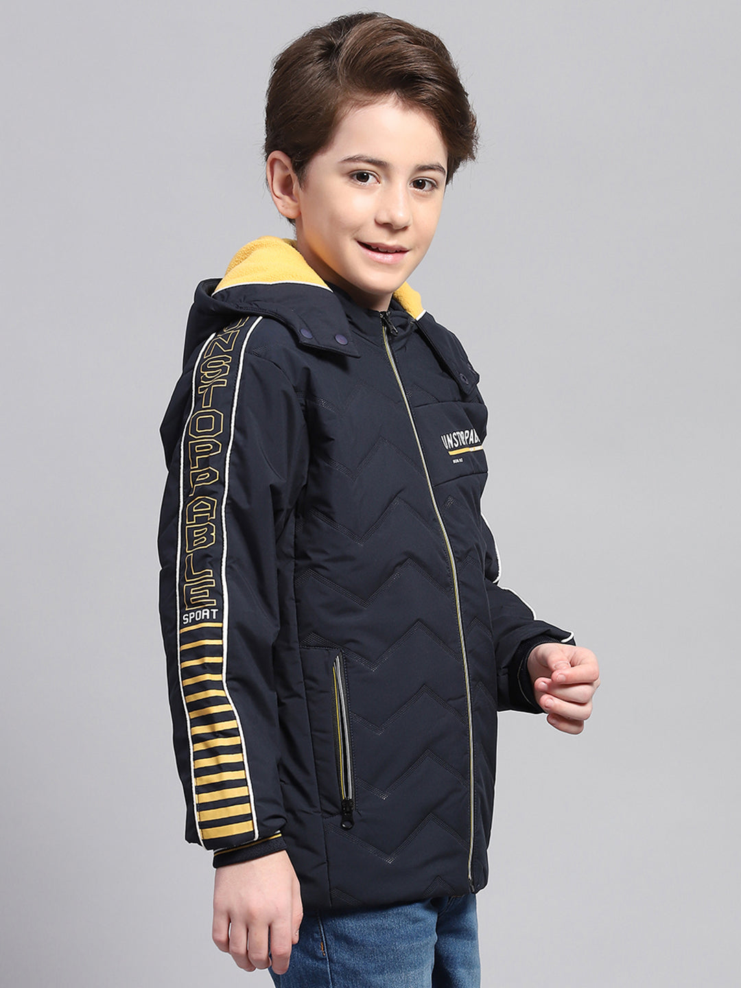 Boys Navy Blue Solid Hooded Full Sleeve Jacket