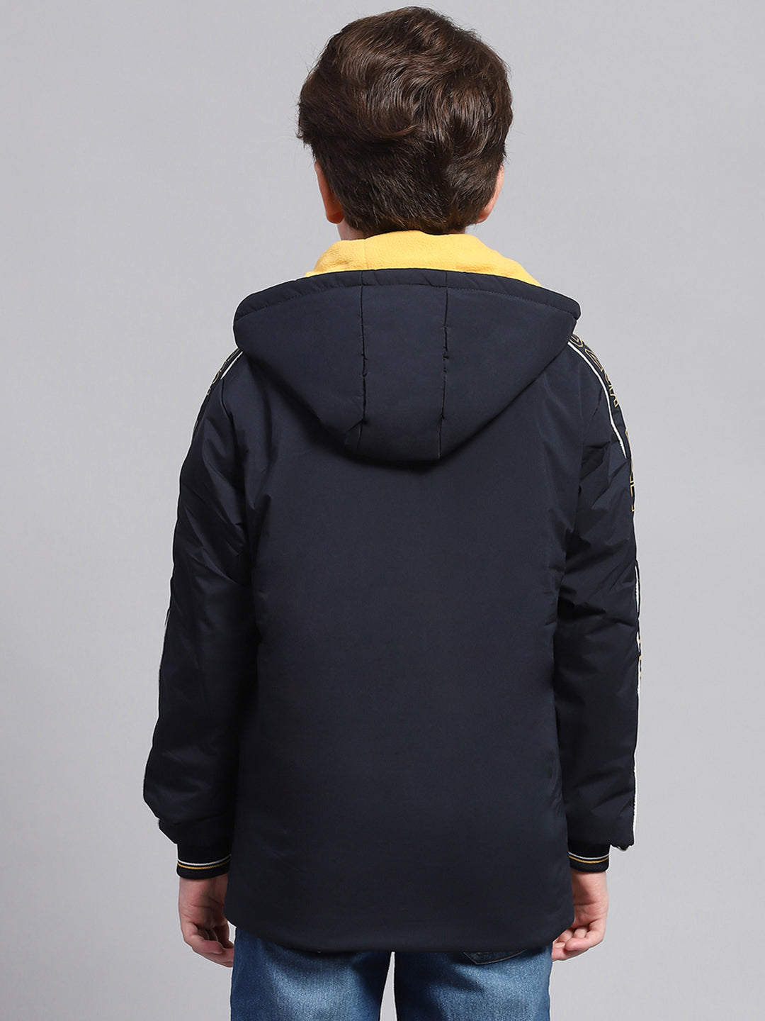 Boys Navy Blue Solid Hooded Full Sleeve Jacket