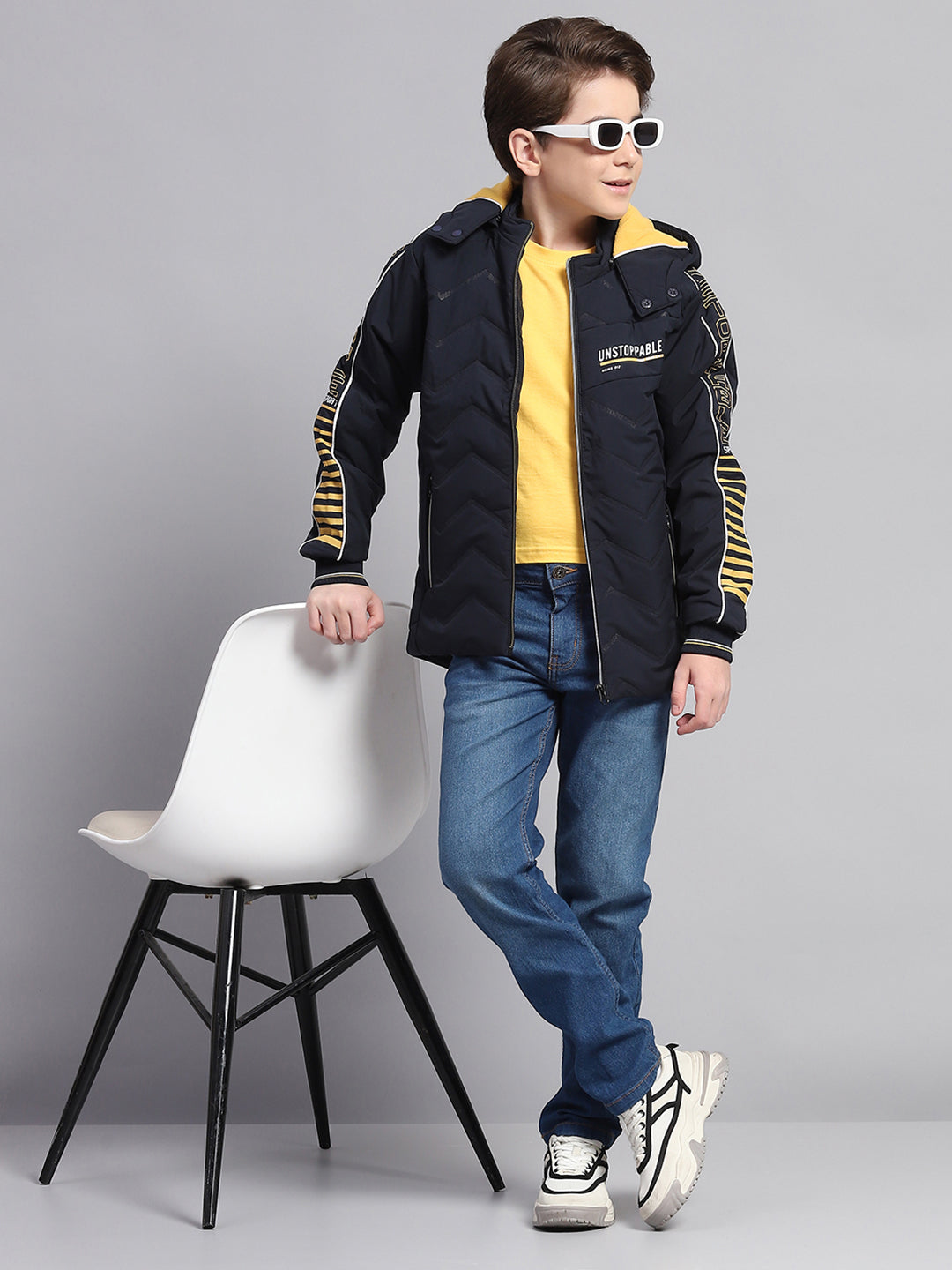 Boys Navy Blue Solid Hooded Full Sleeve Jacket