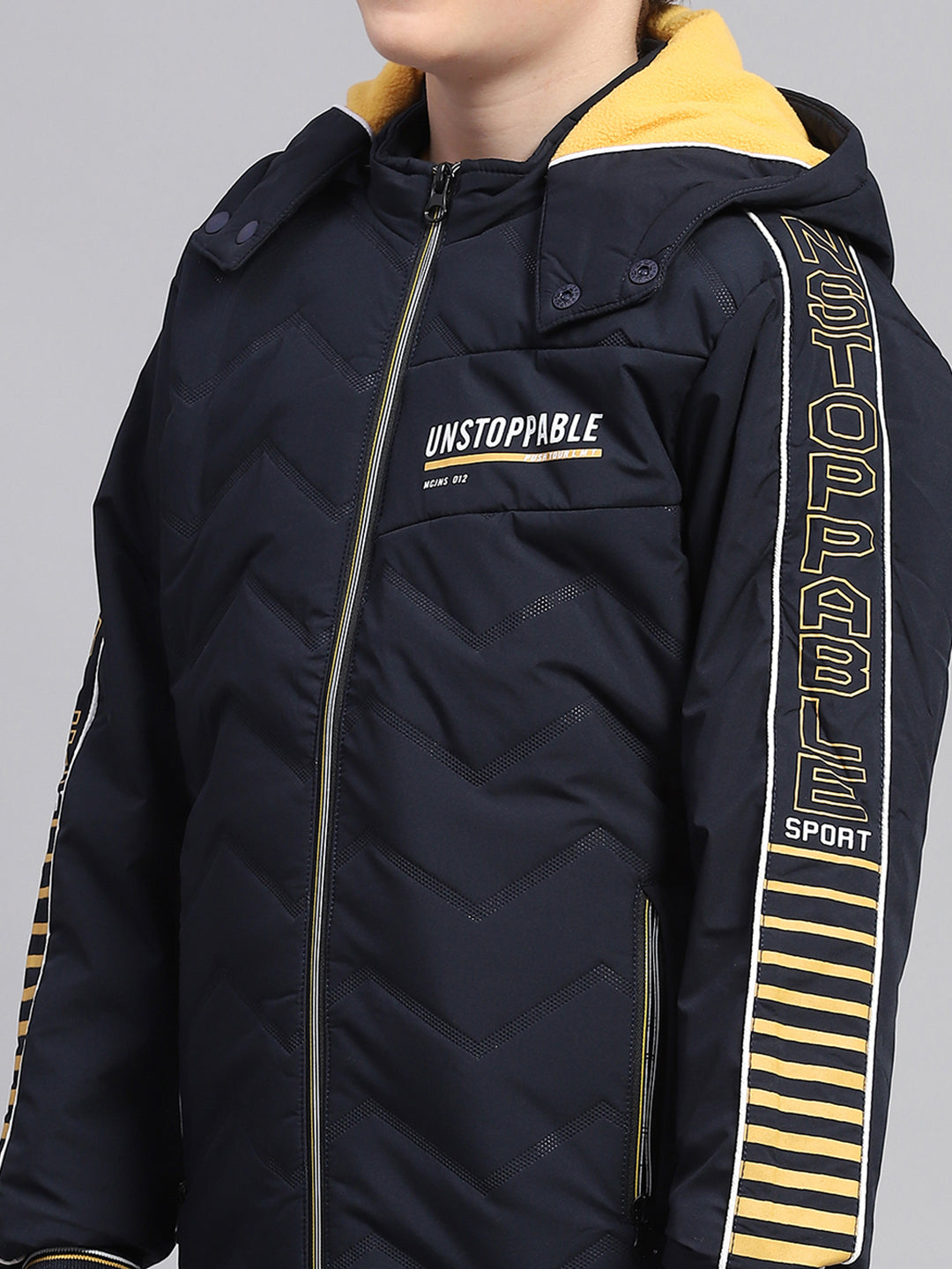 Boys Navy Blue Solid Hooded Full Sleeve Jacket