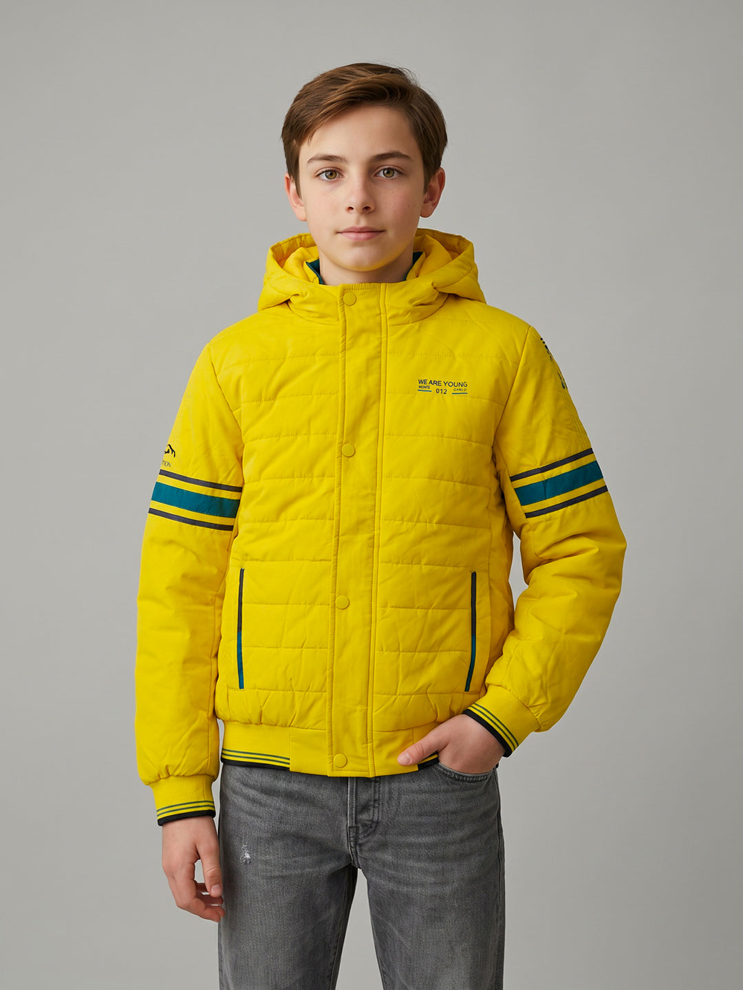 Boys Yellow Solid Hooded Full Sleeve Jacket