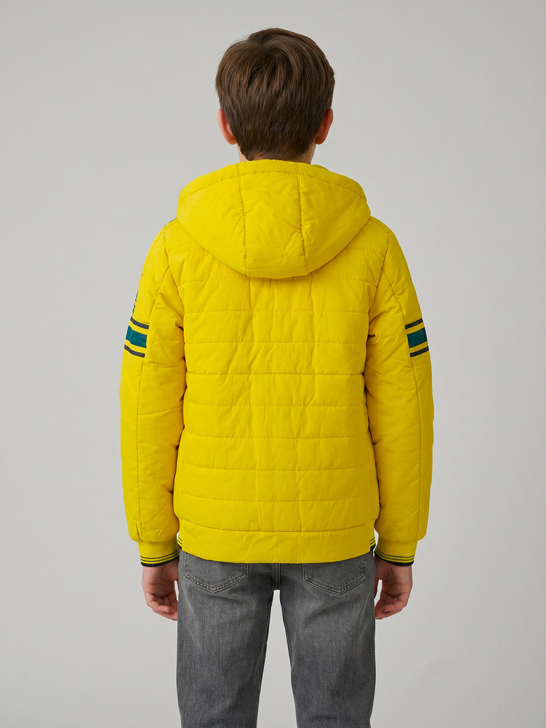 Boys Yellow Solid Hooded Full Sleeve Jacket