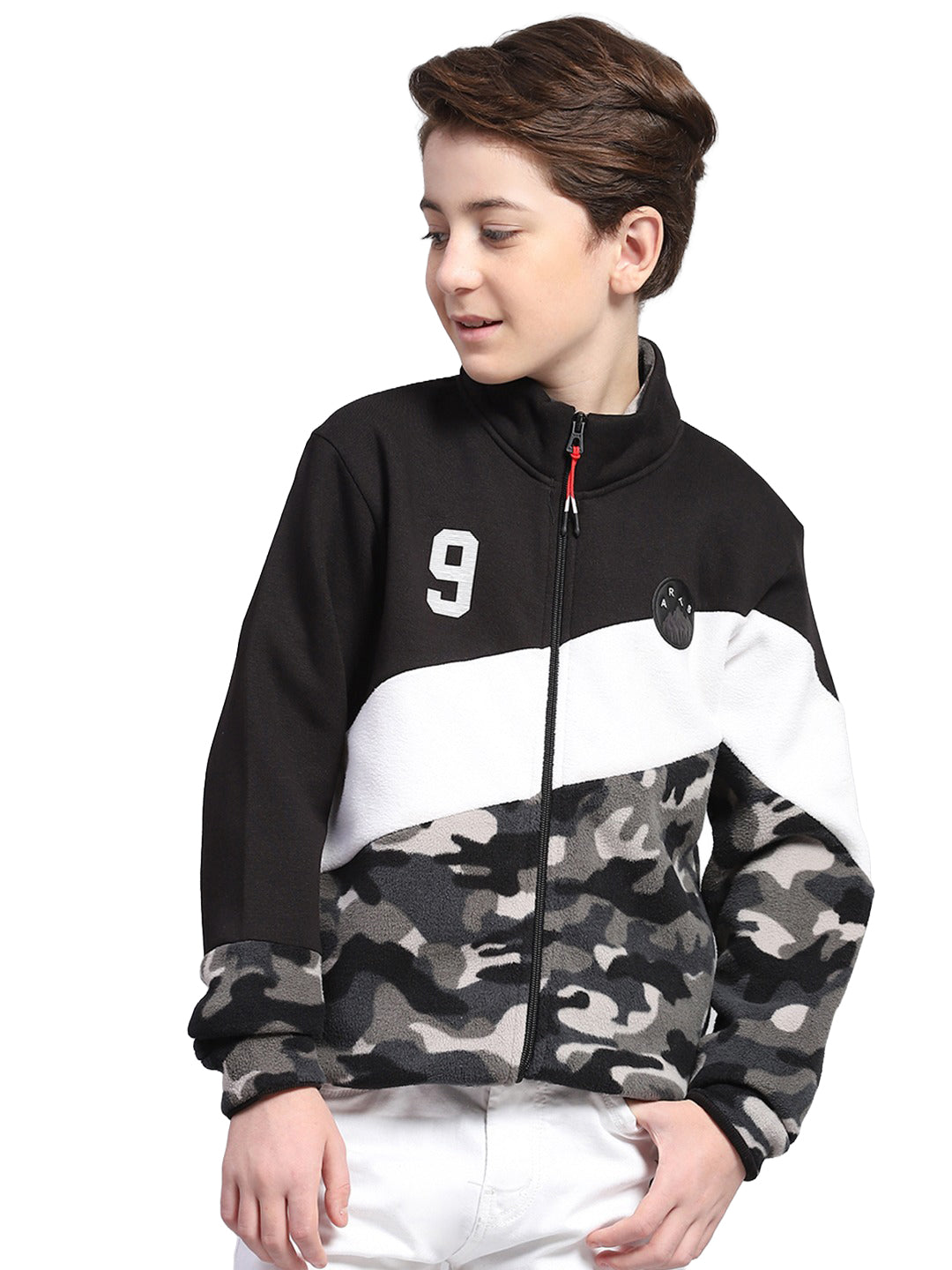 Boys Grey Printed Mock Neck Full Sleeve Sweatshirt