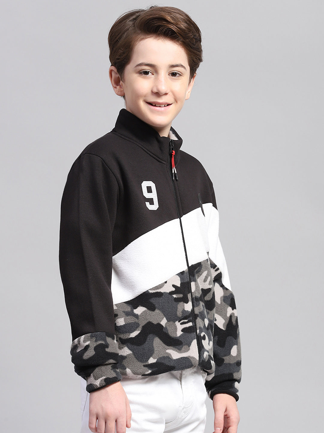 Boys Grey Printed Mock Neck Full Sleeve Sweatshirt