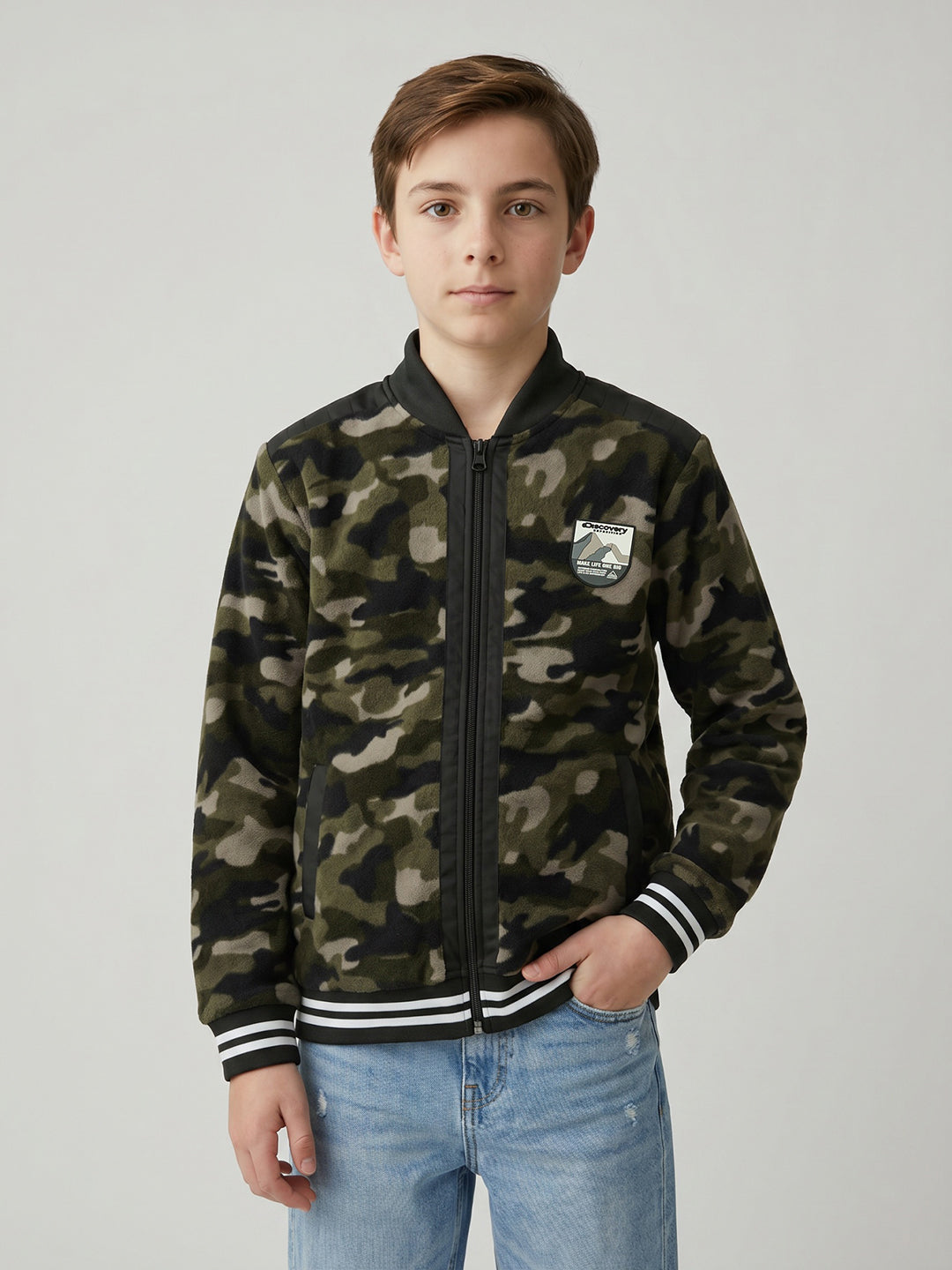 Boys Olive Camouflage Turtle Neck Full Sleeve Sweatshirt