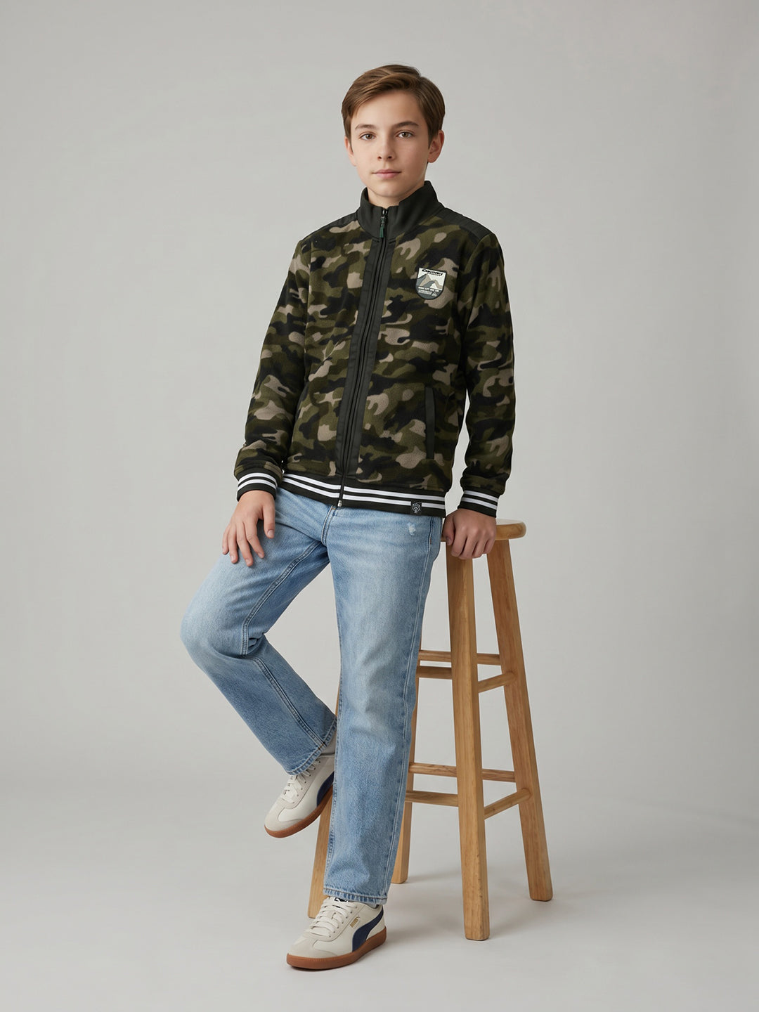 Boys Olive Camouflage Turtle Neck Full Sleeve Sweatshirt