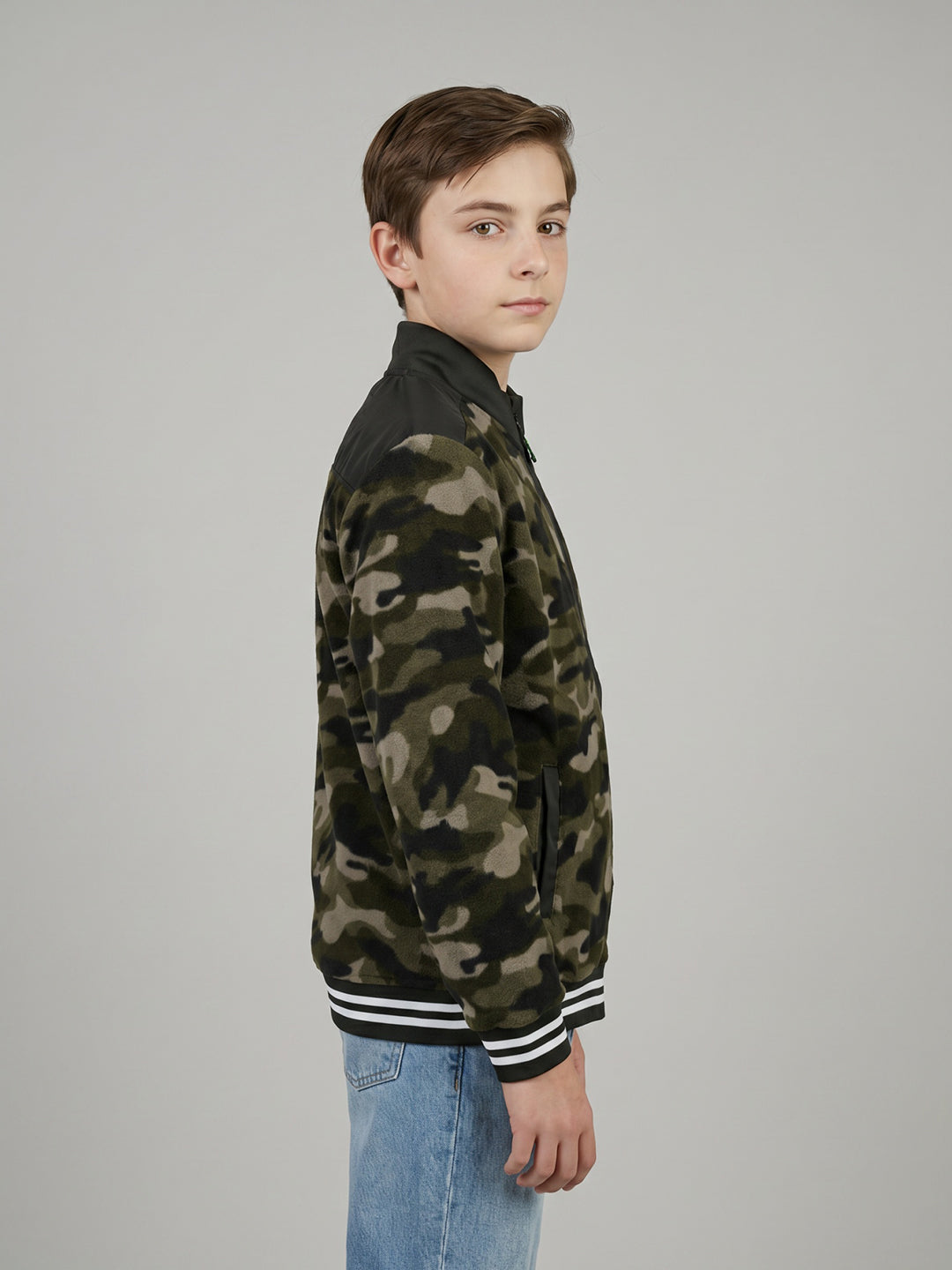 Boys Olive Camouflage Turtle Neck Full Sleeve Sweatshirt