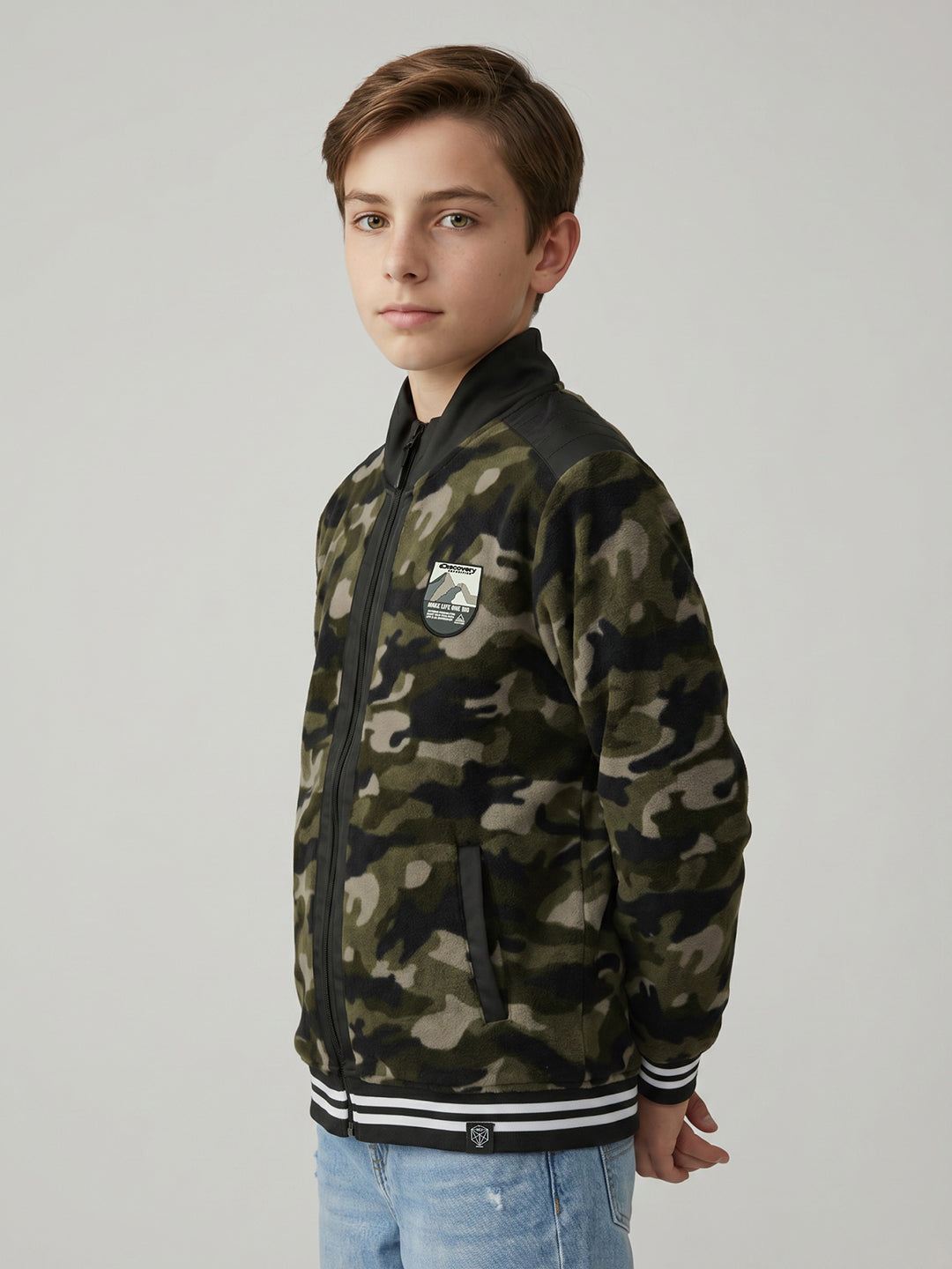 Boys Olive Camouflage Turtle Neck Full Sleeve Sweatshirt
