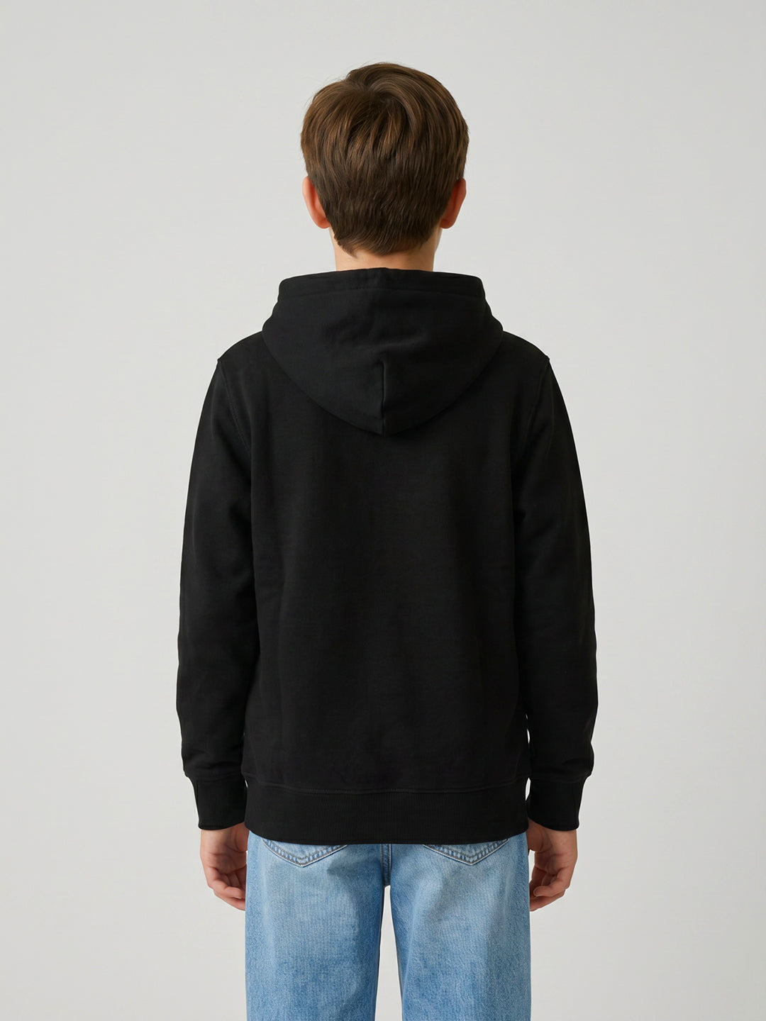 Boys Black Printed Hooded Full Sleeve Sweatshirt