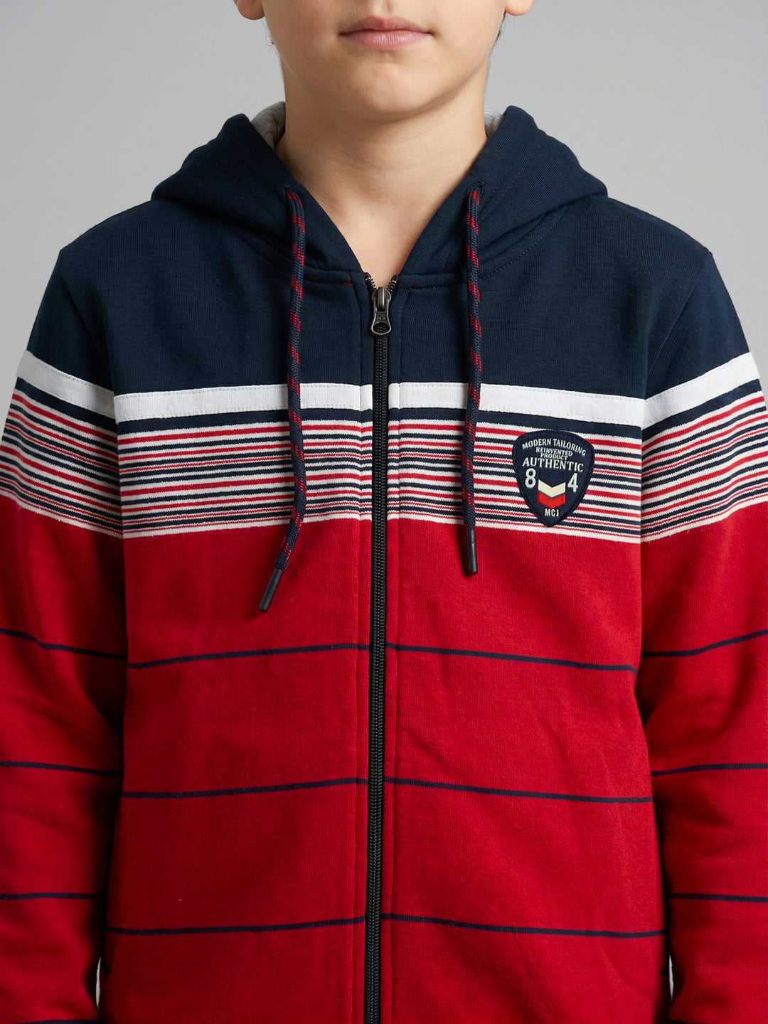 Boys Red & Navy Blue Stripe Hooded Full Sleeve Sweatshirt