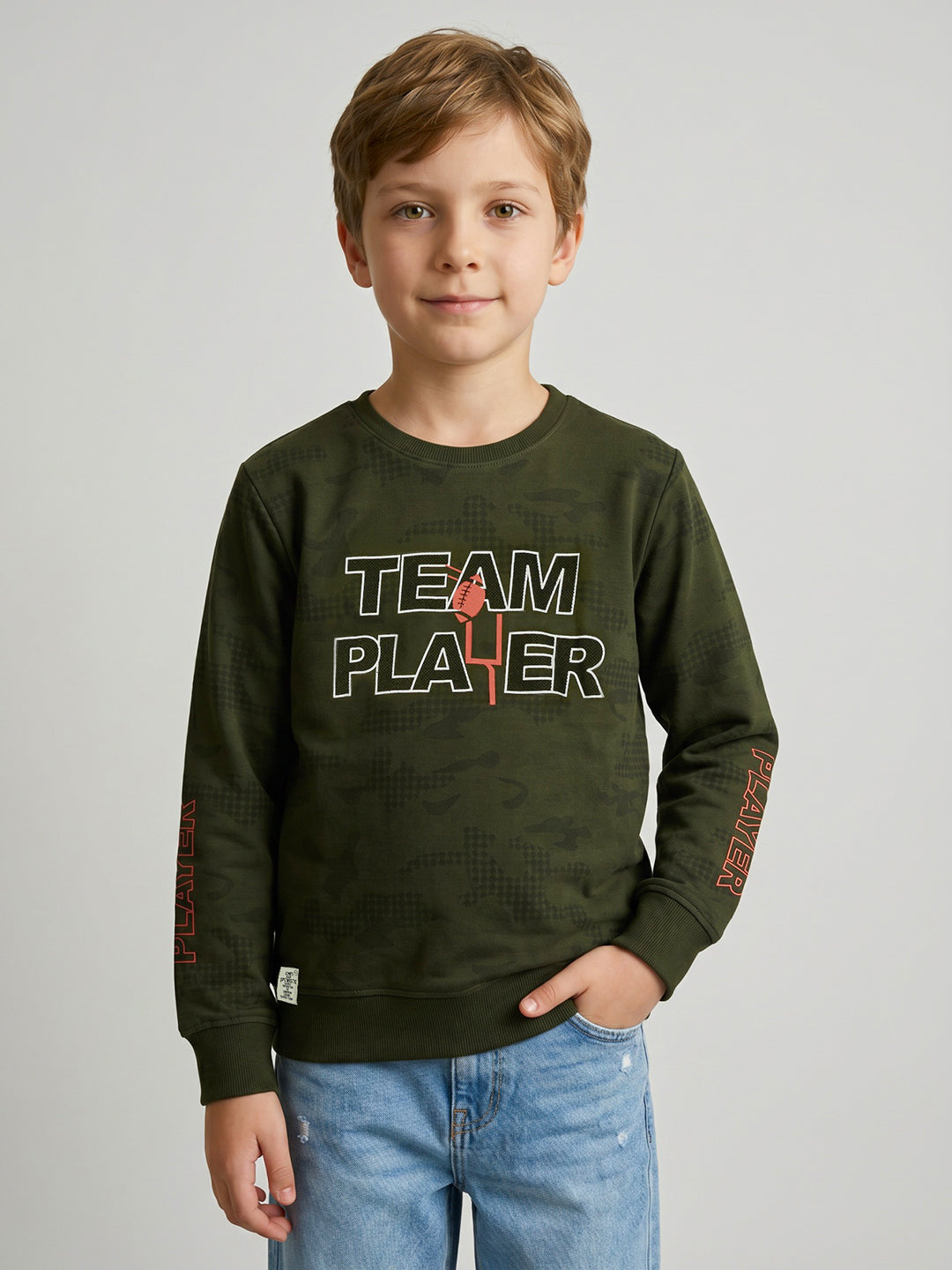 Boys Olive Printed Round Neck Full Sleeve Sweatshirt