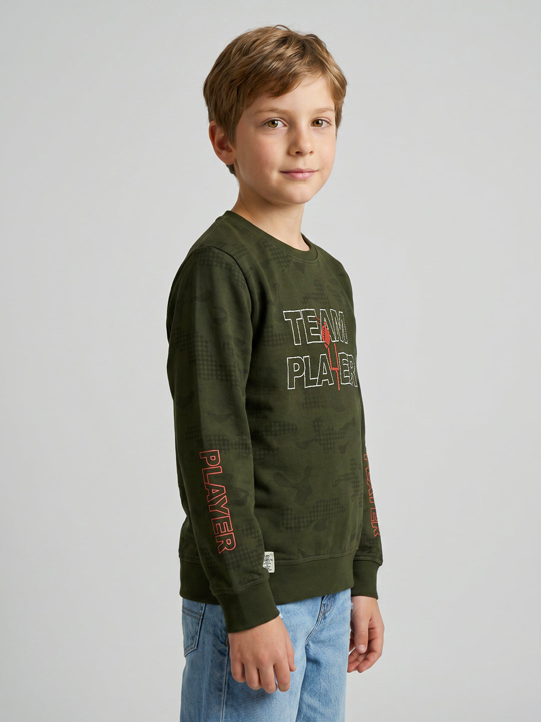 Boys Olive Printed Round Neck Full Sleeve Sweatshirt