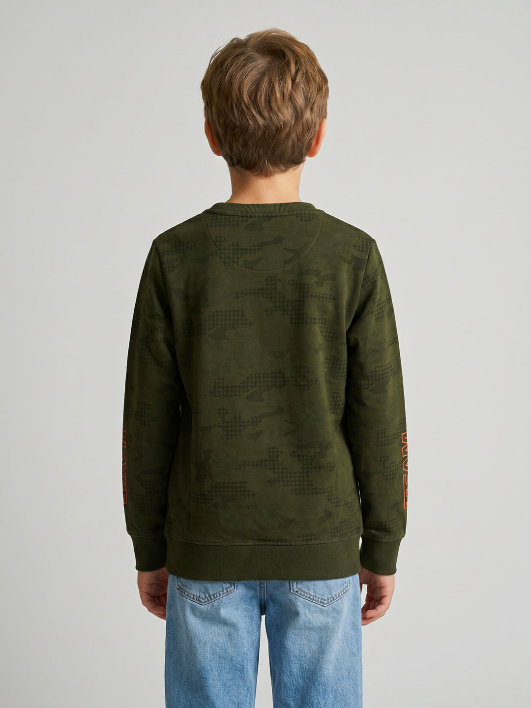 Boys Olive Printed Round Neck Full Sleeve Sweatshirt