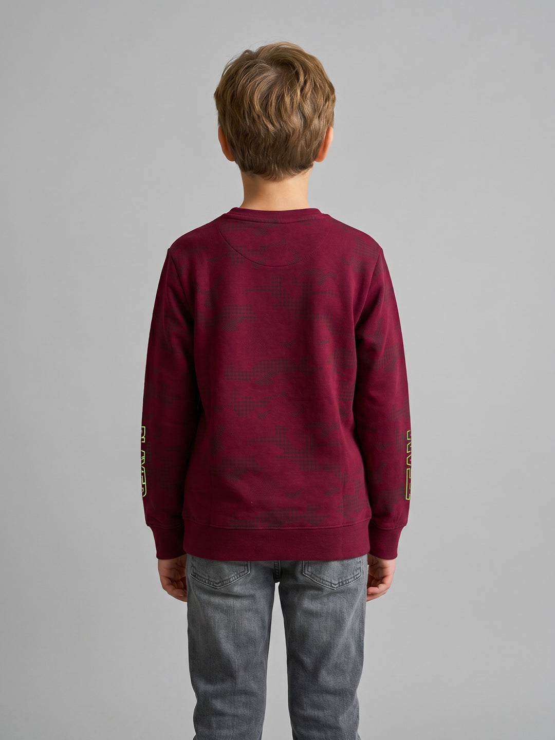 Boys Maroon Printed Round Neck Full Sleeve Sweatshirt