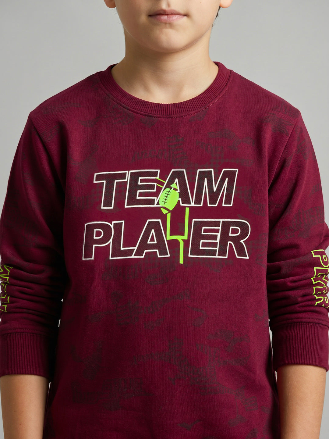 Boys Maroon Printed Round Neck Full Sleeve Sweatshirt