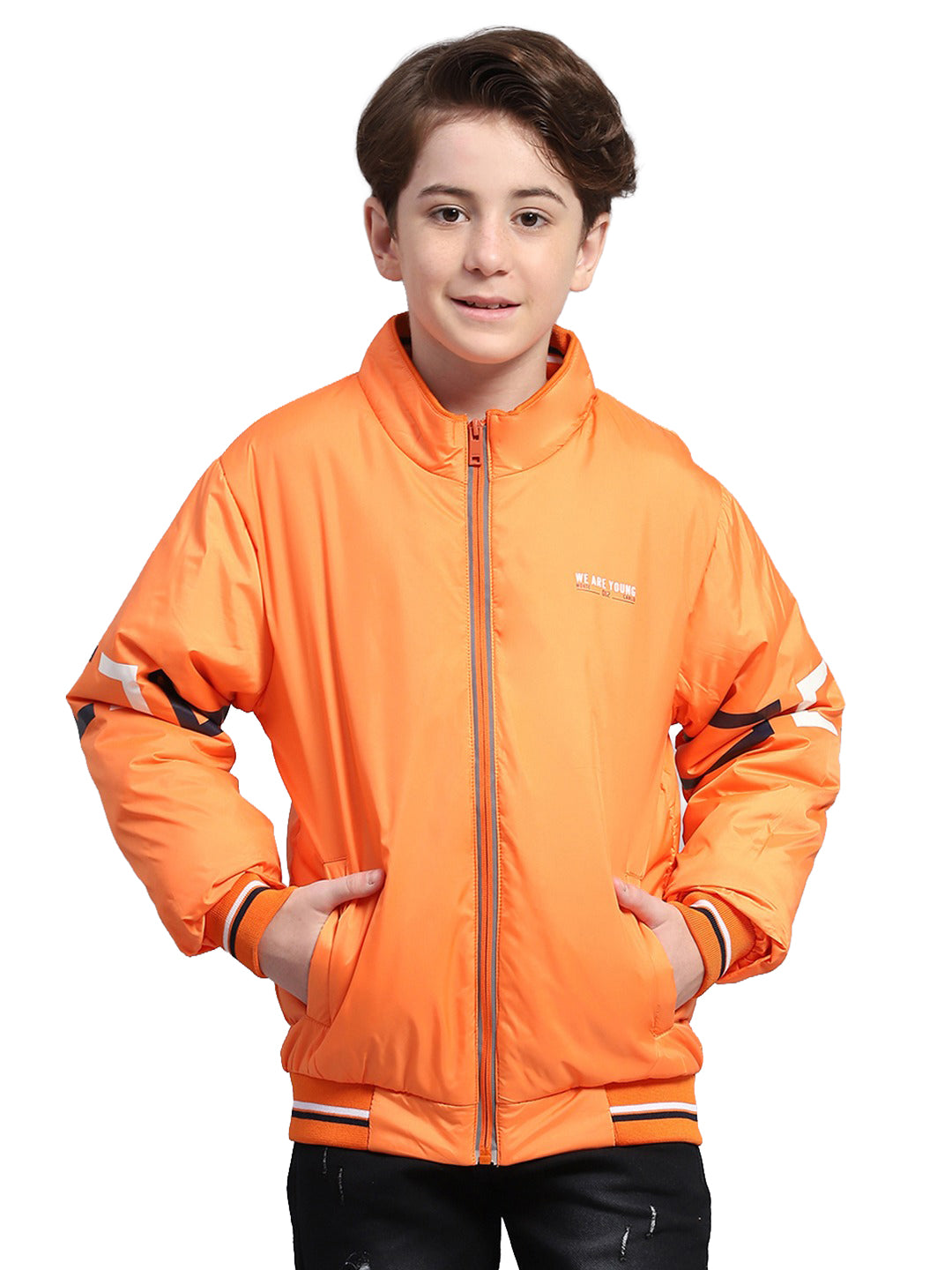 Boys Orange Solid Mock Neck Full Sleeve Jacket