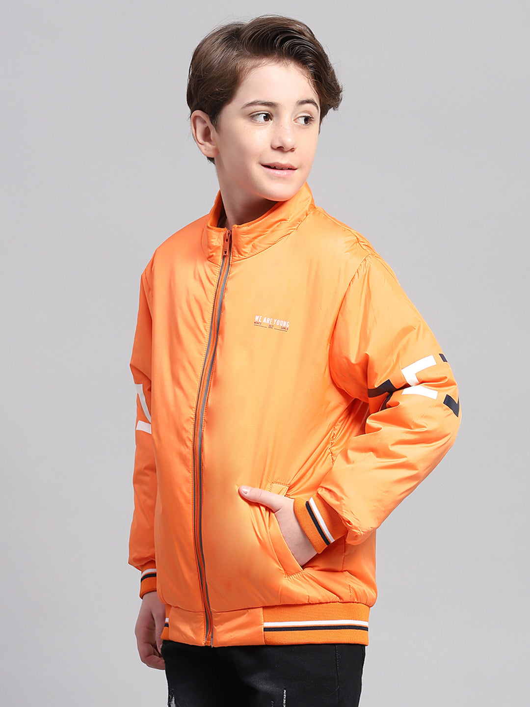 Boys Orange Solid Mock Neck Full Sleeve Jacket