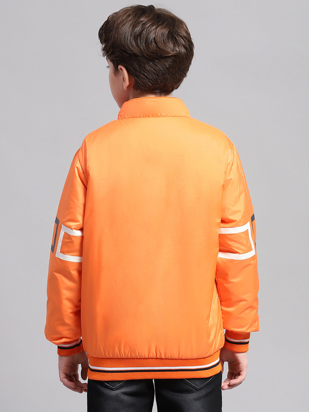 Boys Orange Solid Mock Neck Full Sleeve Jacket