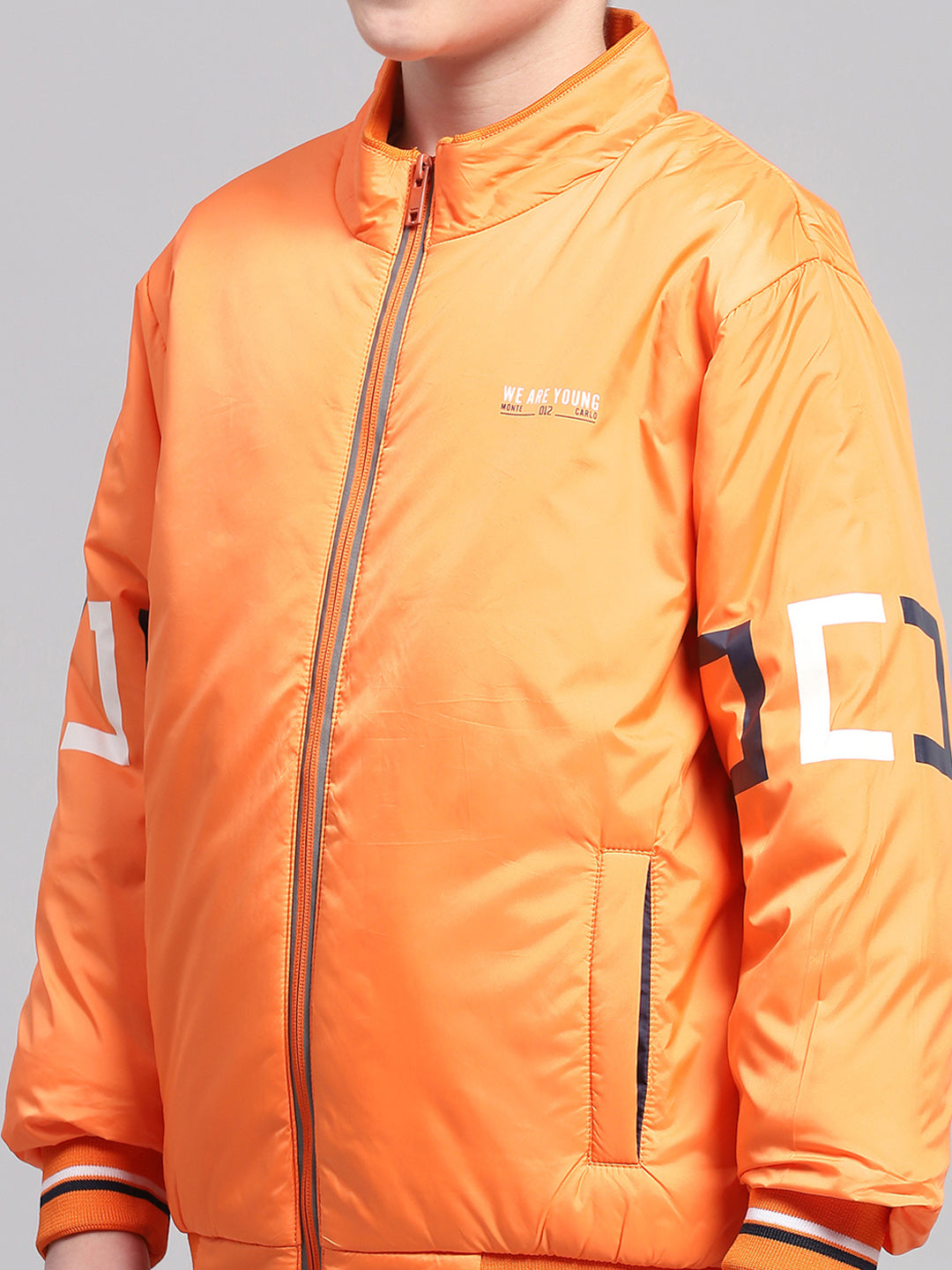 Boys Orange Solid Mock Neck Full Sleeve Jacket