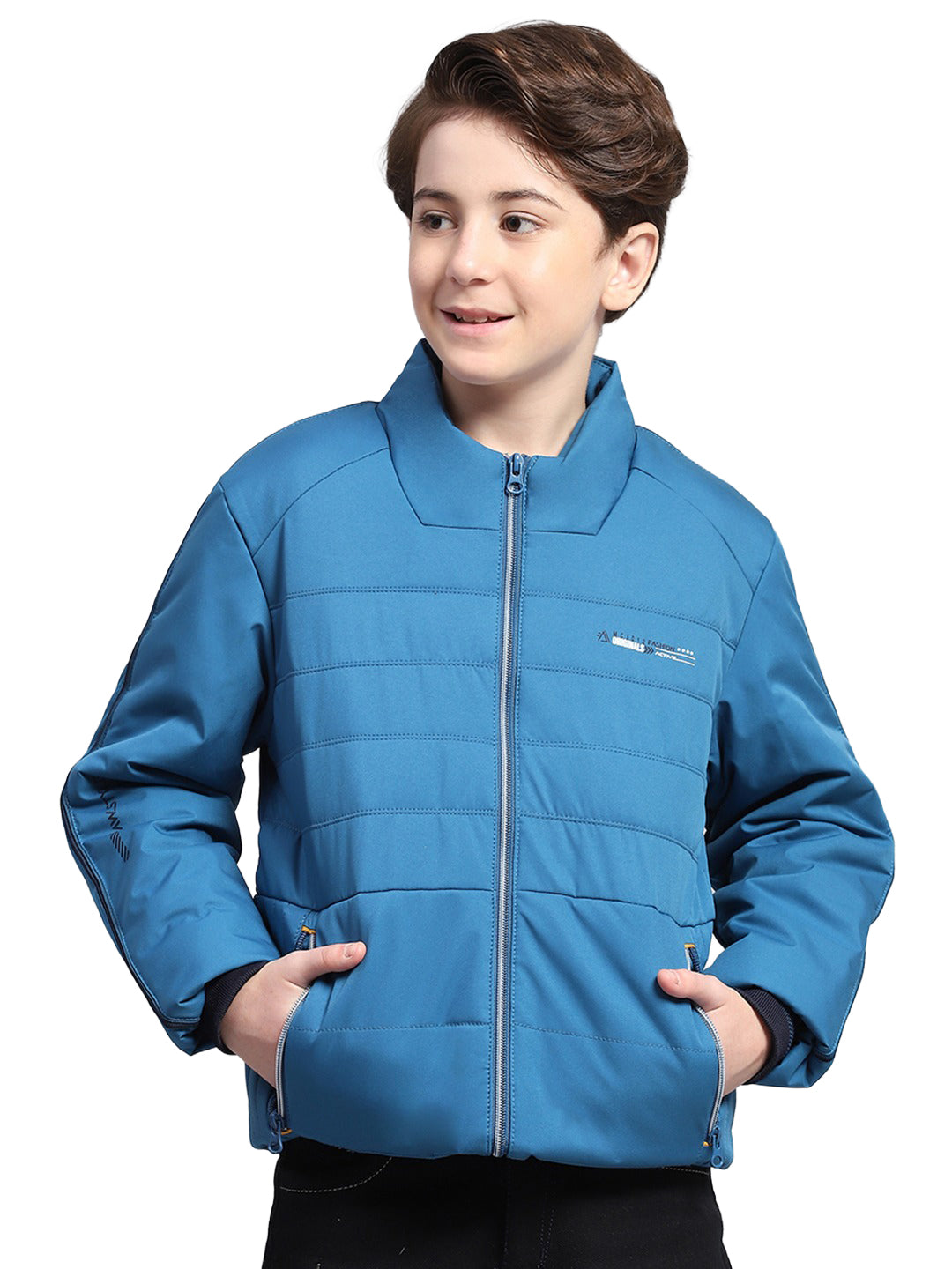 Boys Blue Solid Mock Neck Full Sleeve Jacket