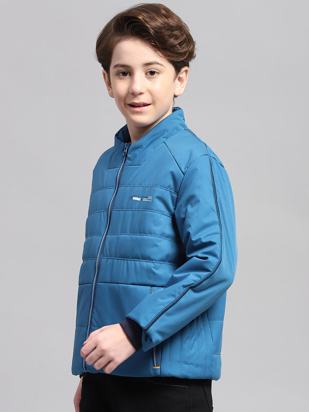 Boys Blue Solid Mock Neck Full Sleeve Jacket