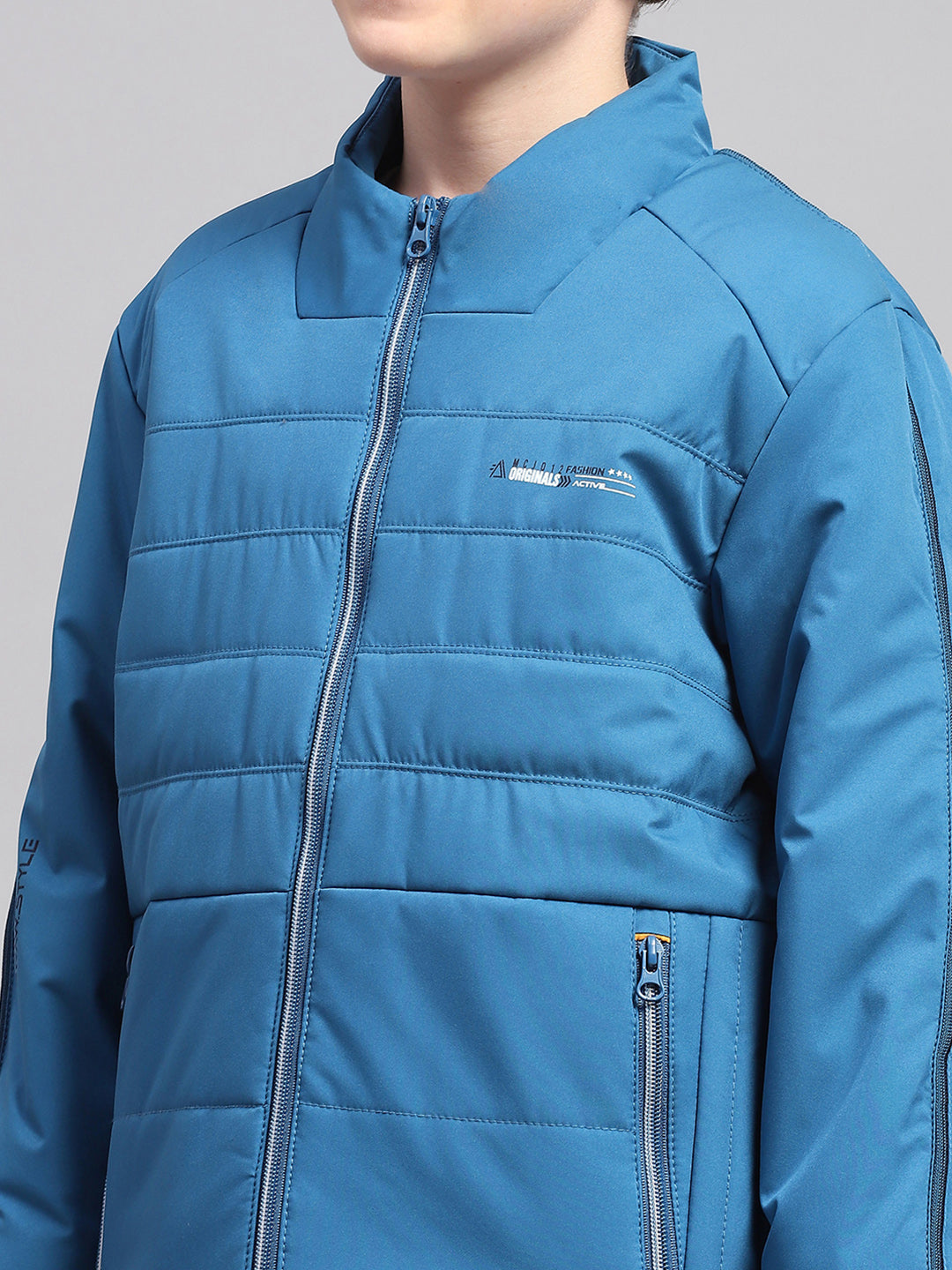Boys Blue Solid Mock Neck Full Sleeve Jacket