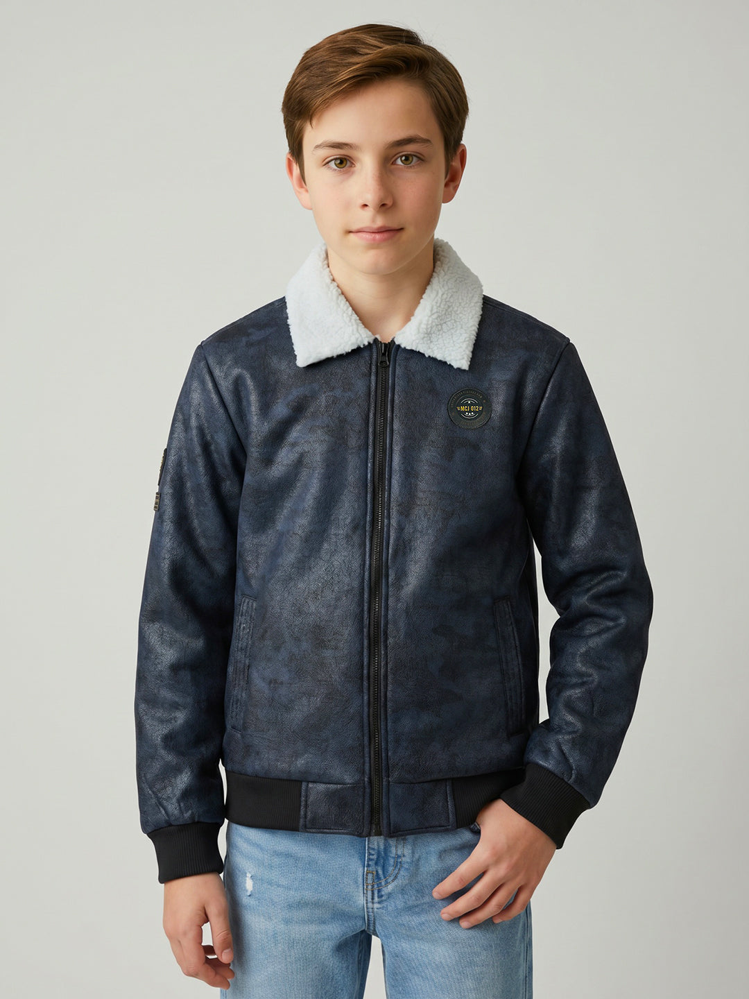 Boys Navy Blue Camouflage Collar Full Sleeve Bomber Jacket