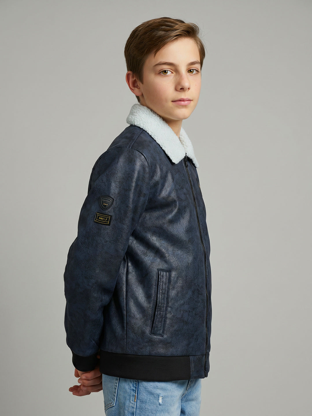 Boys Navy Blue Camouflage Collar Full Sleeve Bomber Jacket
