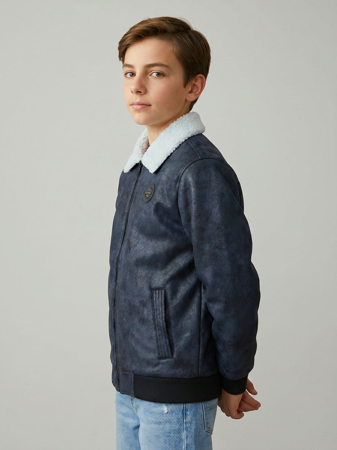 Boys Navy Blue Camouflage Collar Full Sleeve Bomber Jacket